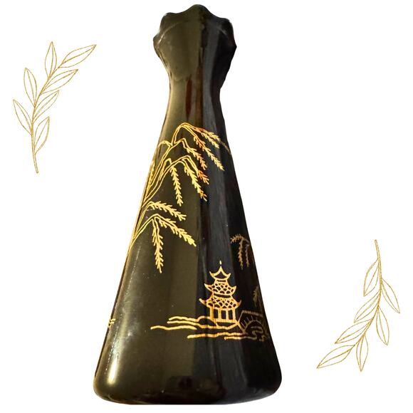Vintage Black Glass Vase Gold Pagoda & Willow Tree Design - Picture 6 of 11